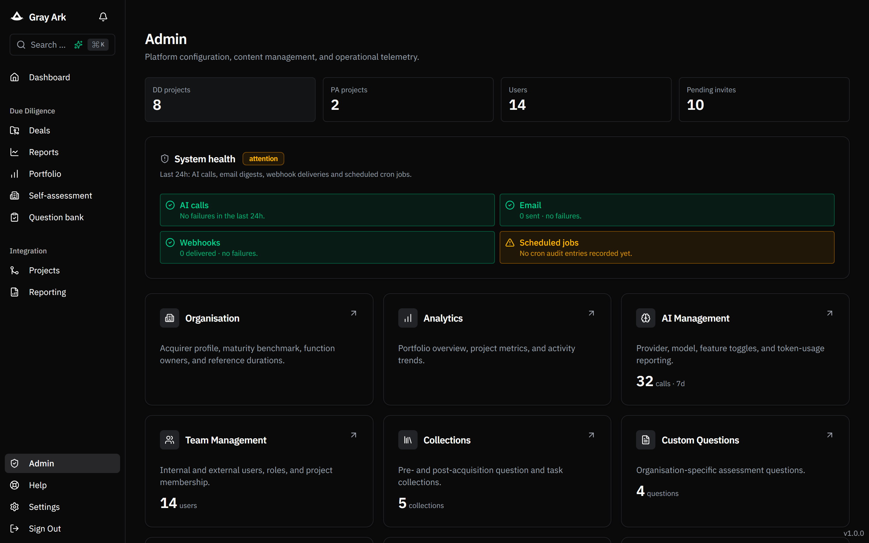Admin page with system-health card